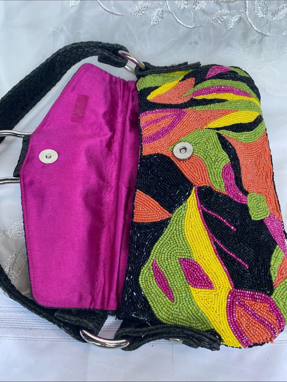 Vintage Christiana Black Beaded Shoulder Bag Multicolor Floral Embroidery - Picture 6 of 8